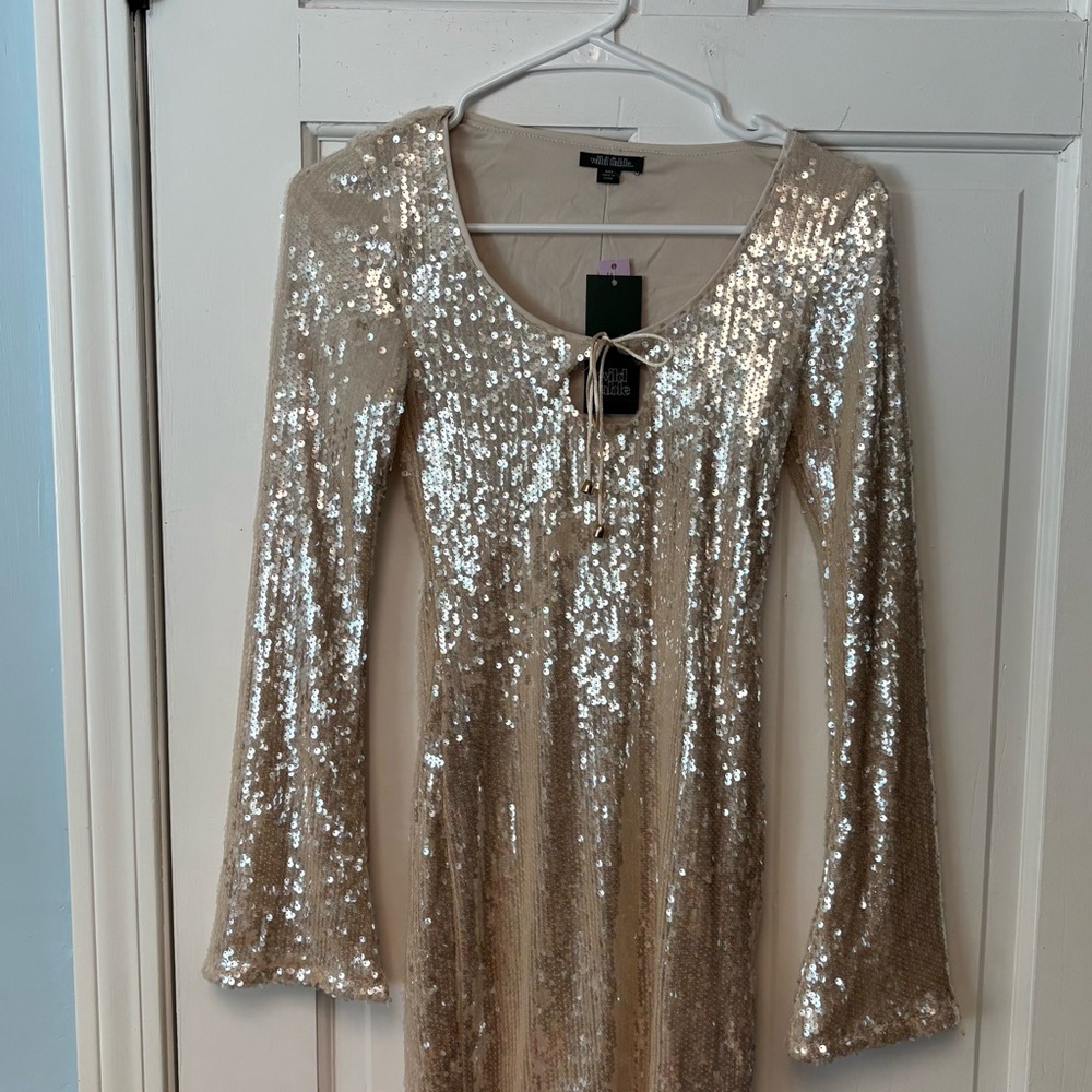 XXS Wild Fable Shimmering Cream Sequin Mini Long Sleeve Dress NWT